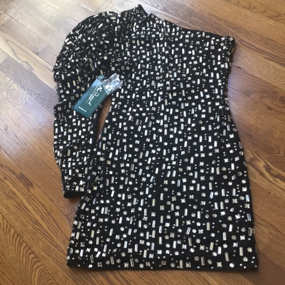 MAC DUGGAL one shoulder embellished puff sleeve silver mini dress sz.2 - Picture 9 of 13